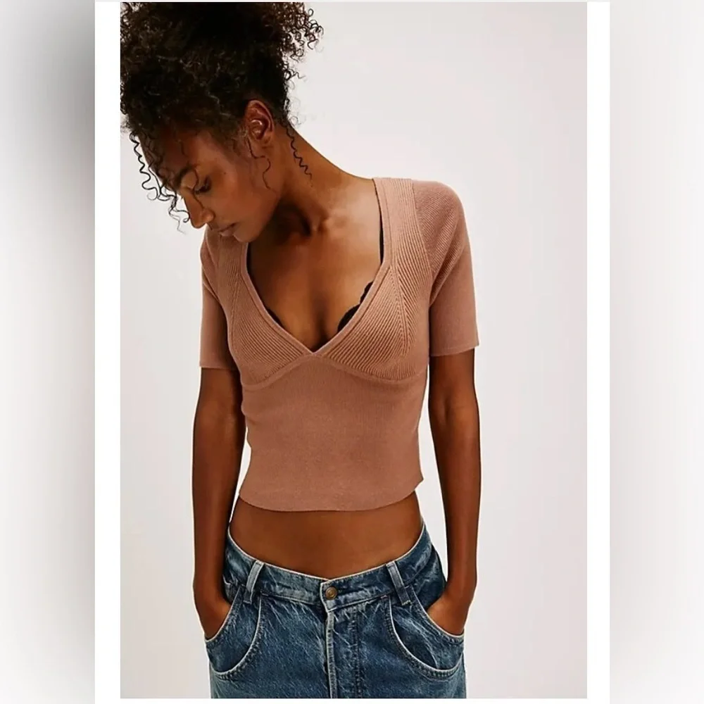 Free People Tan Knit Blouse free people intimately